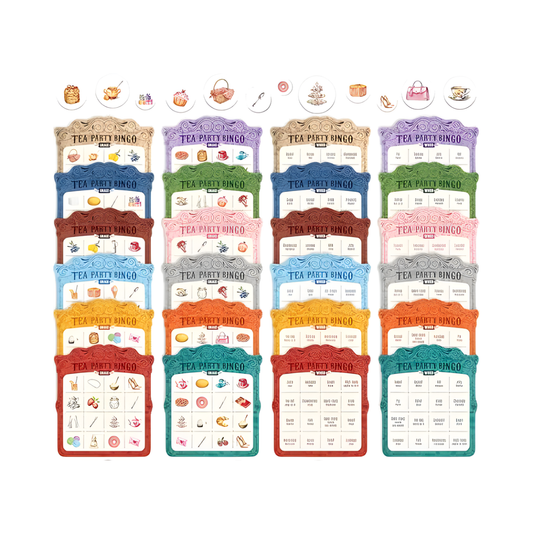 Set of colorful 'Tea Party Bingo' game cards on a white background
