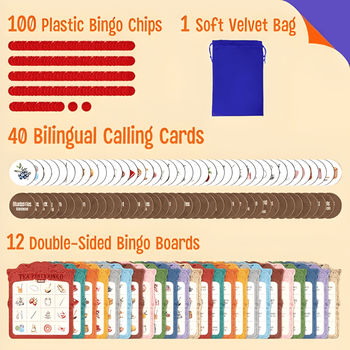 Tea Party Bingo game set with chips, calling cards, and boards on a beige background