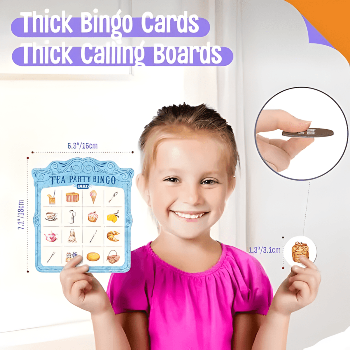 Child holding a thick bingo card with measurements and a calling board, on a white background.