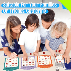 Family playing Tea Party Bingo game together with text 'Suitable For Your Families Or Friends Gathering' above them.