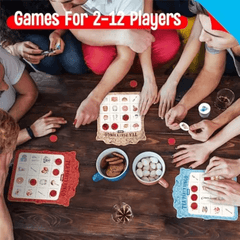 People playing Tea Party Bingo game around a table with text 'Games For 2-12 Players' at the top.