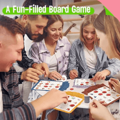 Group of people playing a Tea Party Bingo game together, with text 'A Fun-Filled Board Game' at the top.