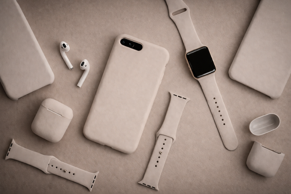 Smartphone, smartwatch, earbuds, and other accessories on a beige surface