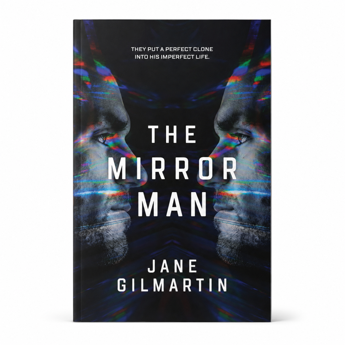 Hardcover book MIRA The Mirror Man by Jane Gilmartin, black cover with colorful mirrored face artwork design on front