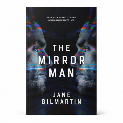 Hardcover book MIRA The Mirror Man by Jane Gilmartin, black cover with colorful mirrored face artwork design on front