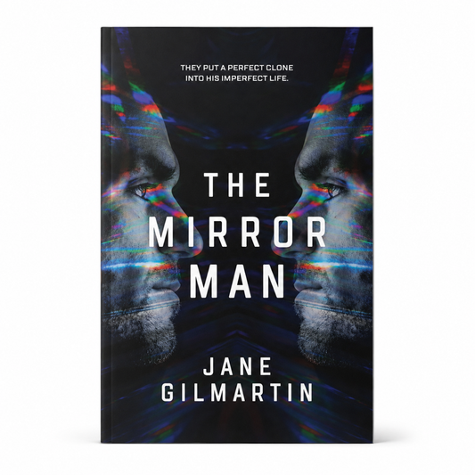 Hardcover book MIRA The Mirror Man by Jane Gilmartin, black cover with colorful mirrored face artwork design on front