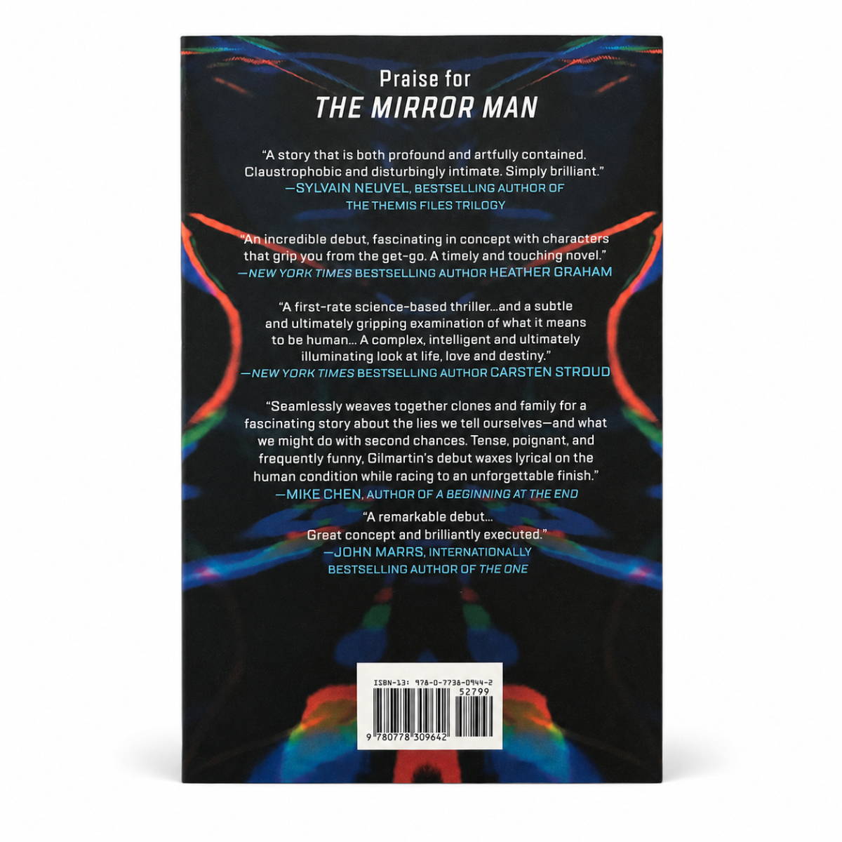 Hardcover book in black with colorful abstract cover art, MIRA The Mirror Man, ISBN barcode on back cover sticker label