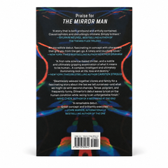 Hardcover book in black with colorful abstract cover art, MIRA The Mirror Man, ISBN barcode on back cover sticker label