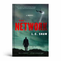 Green and red hardcover thriller book, Harper Paperbacks, The Network by L. C. Shaw, with helicopter cover art front cover