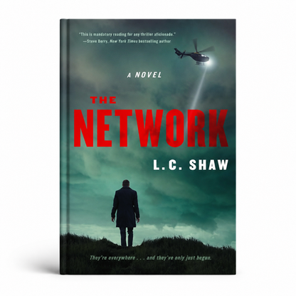 Green and red hardcover thriller book, Harper Paperbacks, The Network by L. C. Shaw, with helicopter cover art front cover