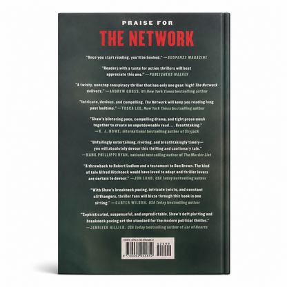 Hardcover thriller book in dark green: The Network by L. C. Shaw, Harper Paperbacks, with back cover praise quotes