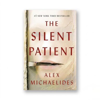 Hardcover novel book in beige with red lettering, The Silent Patient by Alex Michaelides, Celadon Books hardcover copy