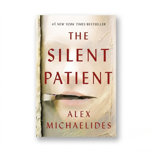 Hardcover novel book in beige with red lettering, The Silent Patient by Alex Michaelides, Celadon Books hardcover copy
