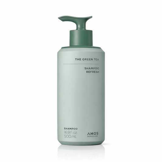 AMOS Green Tea Shampoo for Oily Scalp 16.9 oz in sleek green pump bottle, ideal for refreshing and volumizing hair care routine.