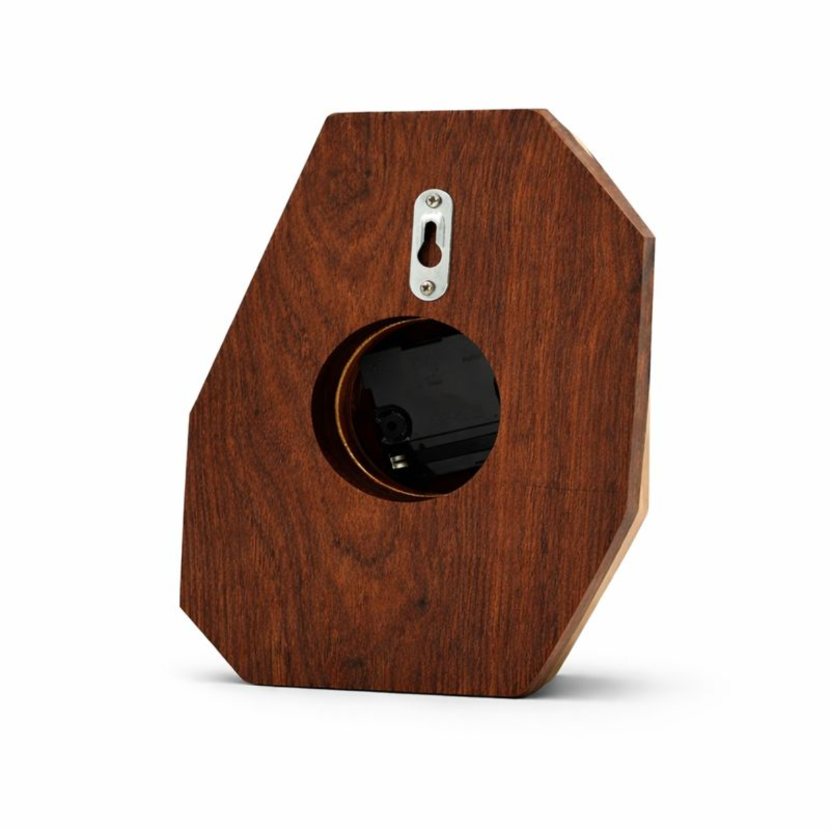 Back side of a modern wood clock on a white background