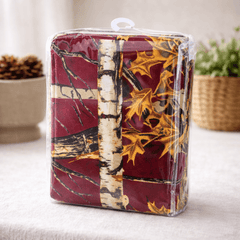 Packaged curtain set with burgundy camouflage themed design featuring leaves and trees on a neutral background.