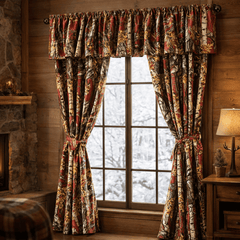 Burgundy camouflage curtain set with valance in a cabin bedroom