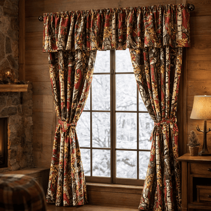Burgundy camouflage curtain set with valance in a cabin bedroom