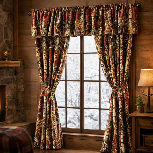 Burgundy camouflage curtain set with valance in a cabin bedroom