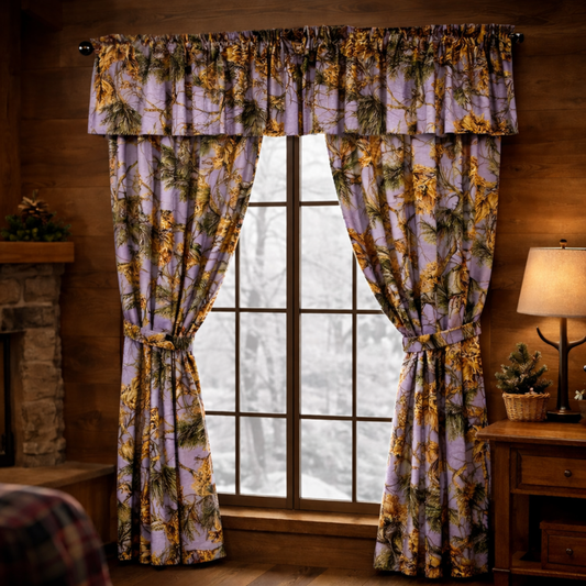 Window with lavender, camouflage  curtains in a room with a fireplace and lamp.