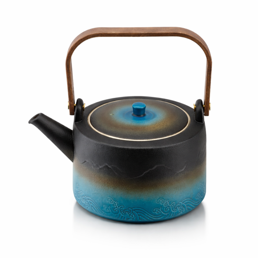 Tomotime ceramic teapot with gradient blue to black design on a white background