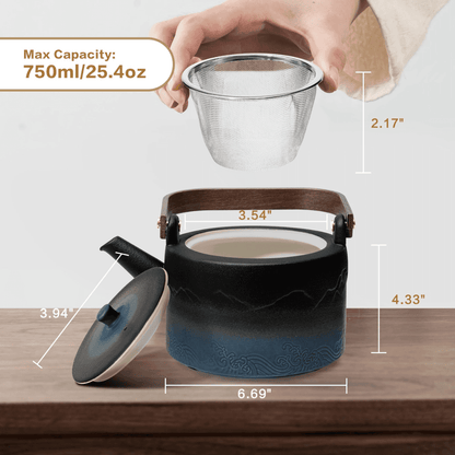 Teapot with a strainer, showing dimensions and capacity on a wooden surface.