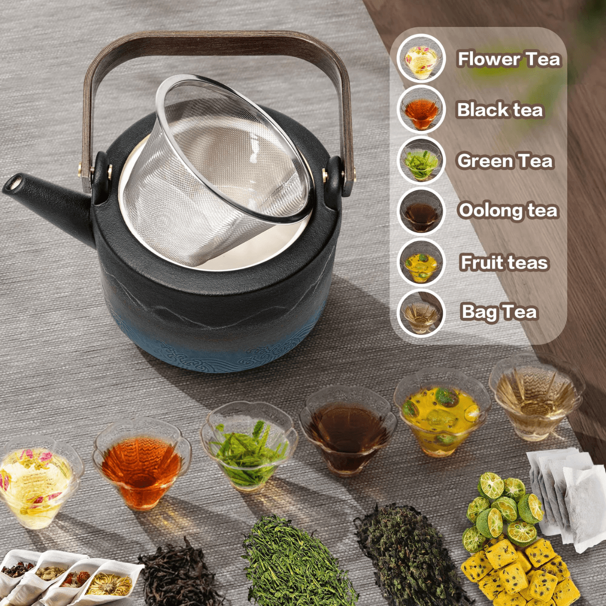 Tea-making setup with a teapot, tea leaves, and various tea types on a wooden surface.
