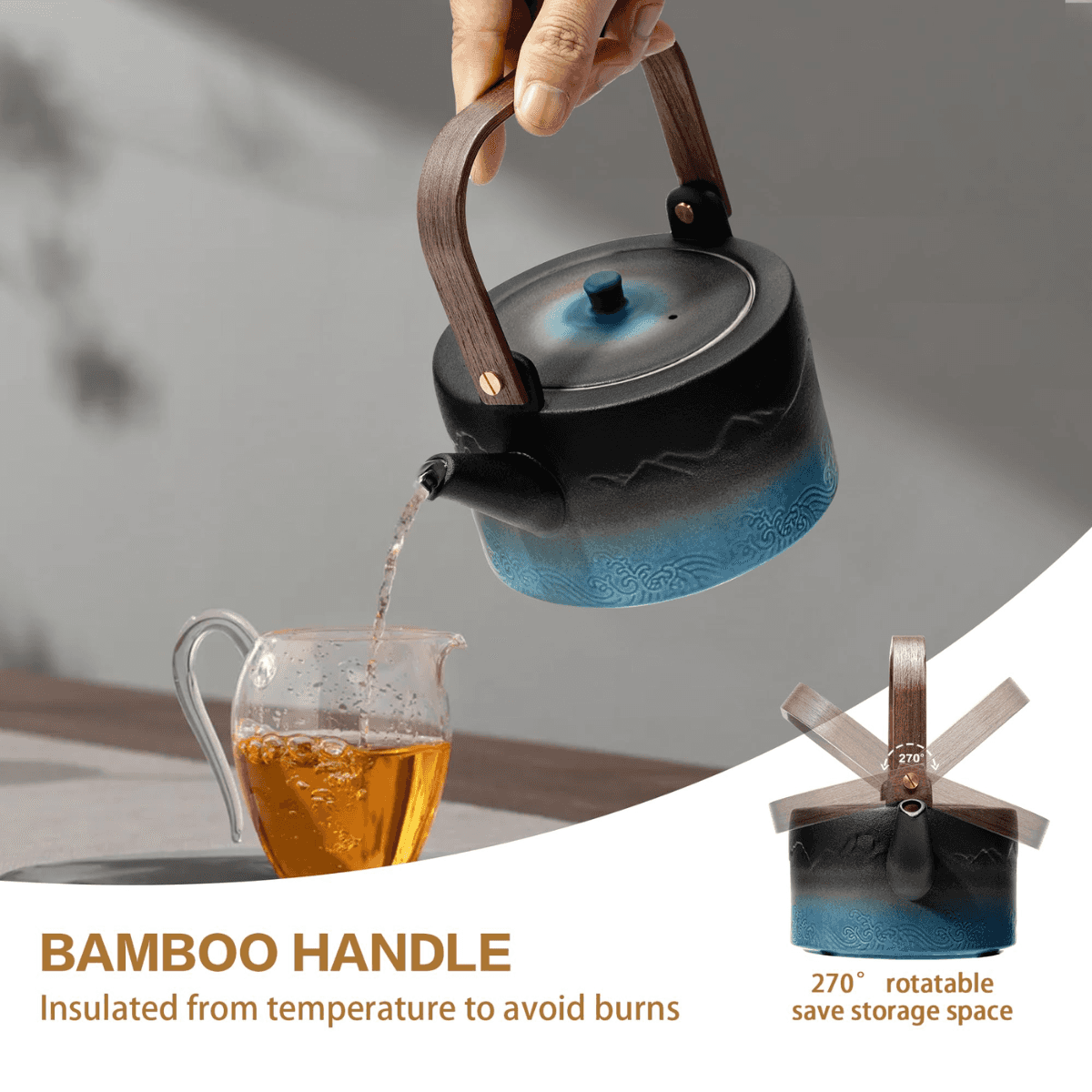 Tea pot with bamboo handle being used to pour tea into a glass cup, with text highlighting features.