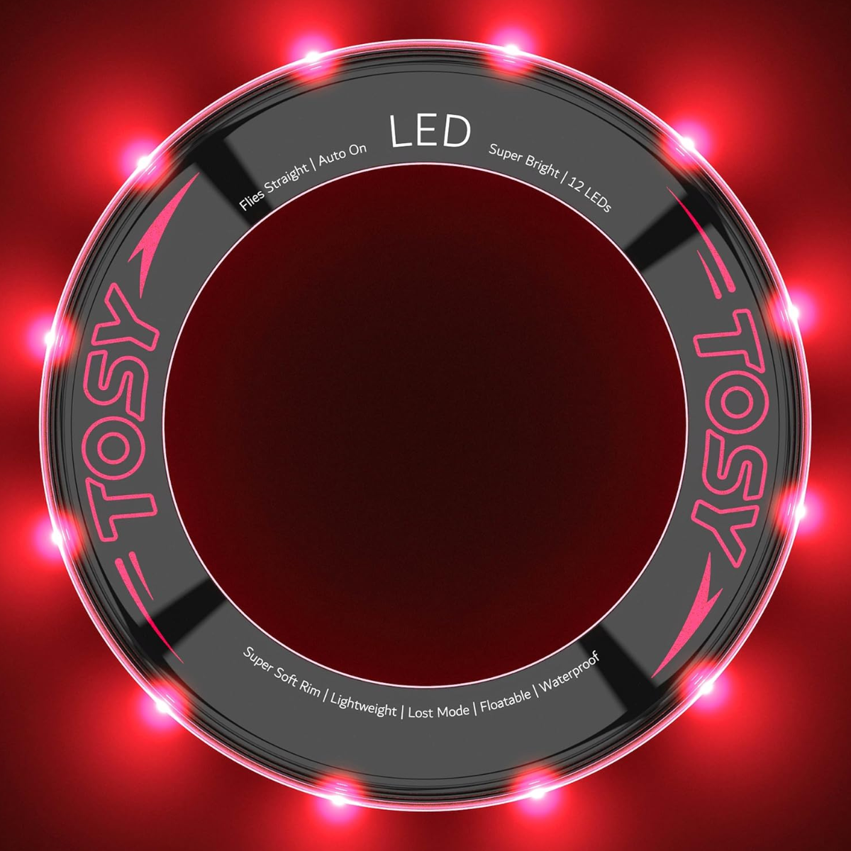 TOSY Flying Ring with red LED lights on a red background
