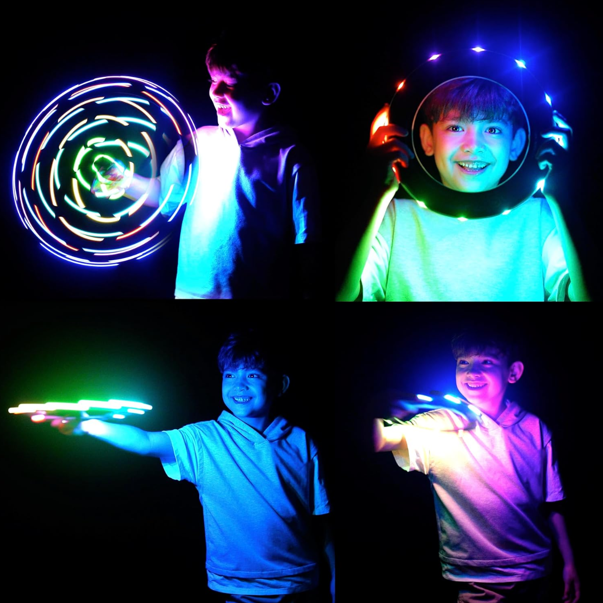 Children playing with TOSY Flying Rings in the dark