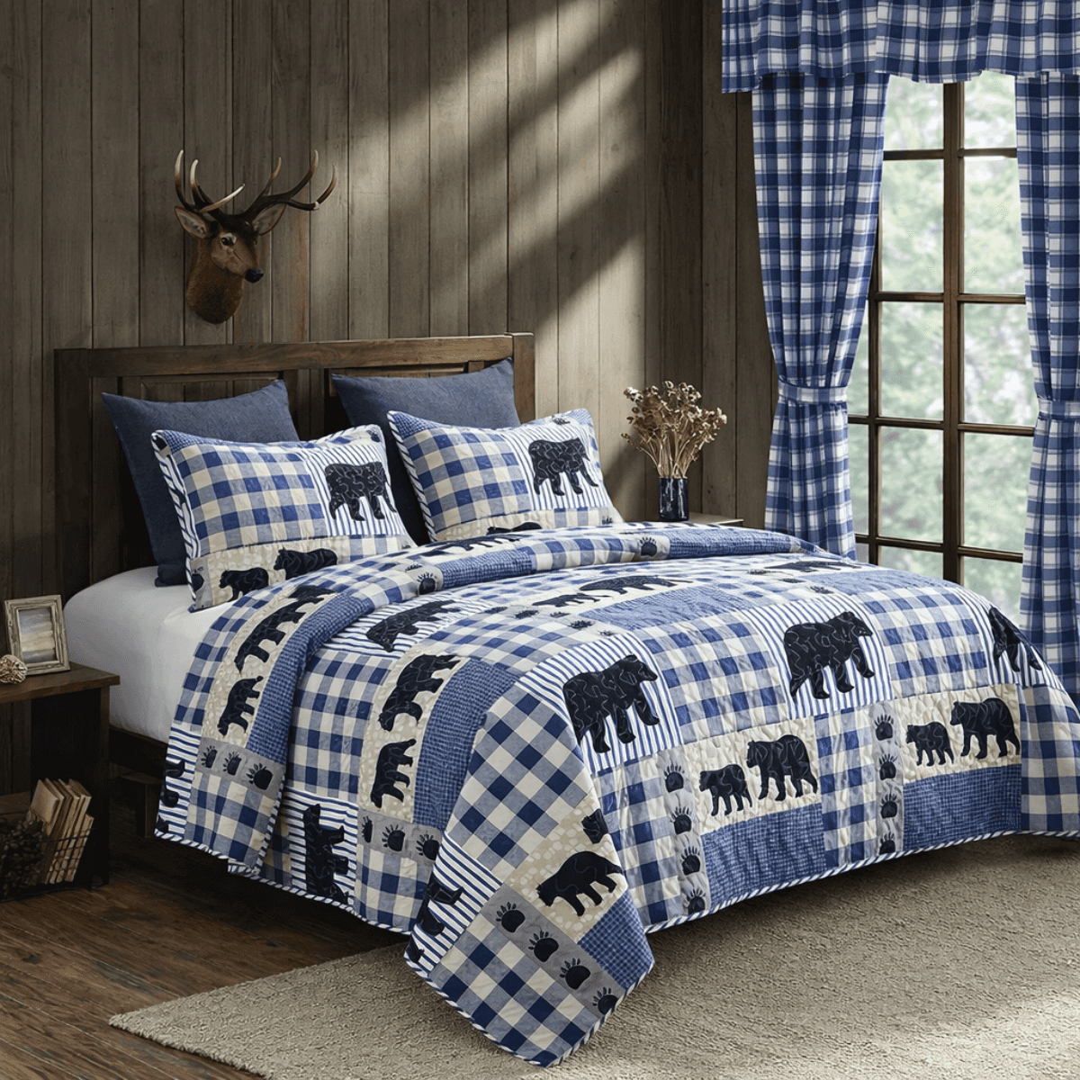 Bedroom with blue and white checkered bedding featuring black bear designs, wooden headboard, and deer head mount.