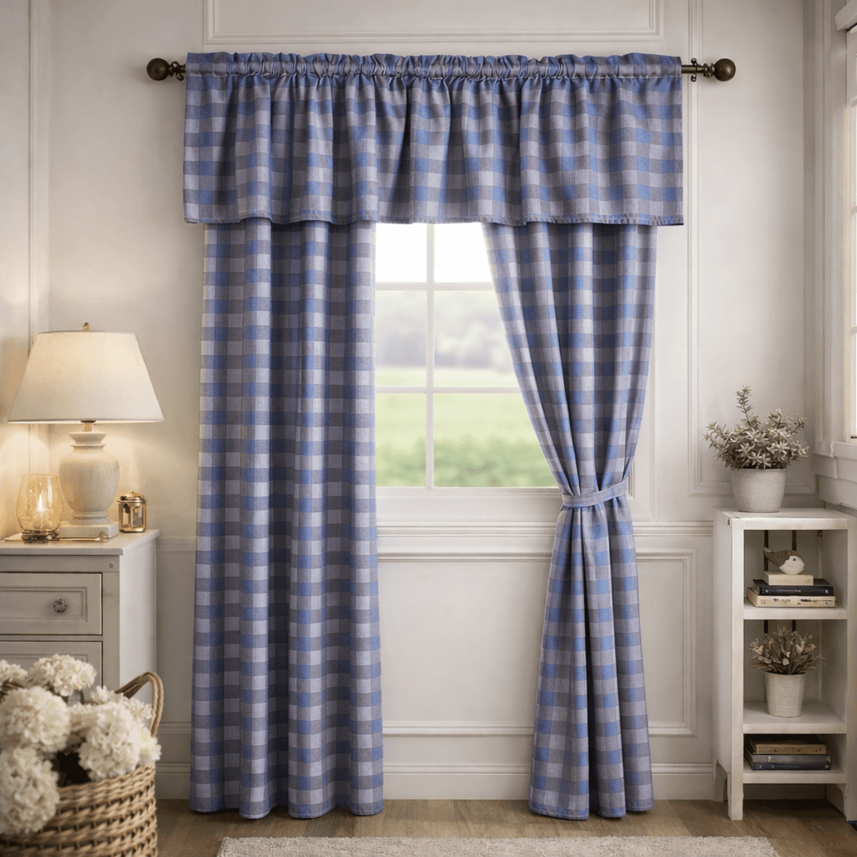Blue checkered curtains hanging in a room with a lamp and small table.
