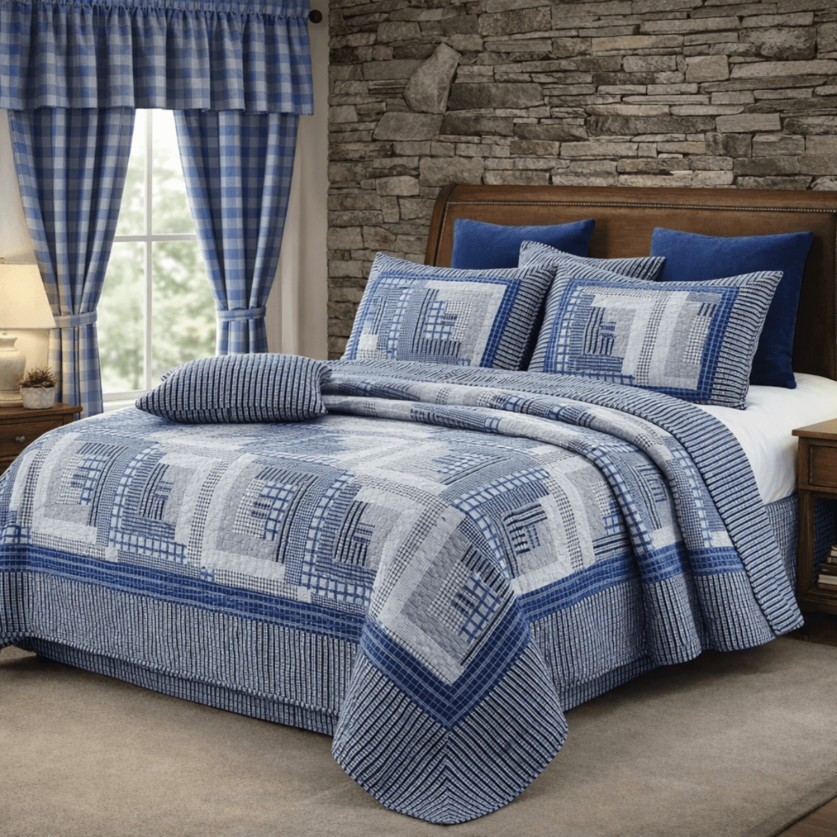 Bedroom with blue and white patterned bedding and checkered curtains.