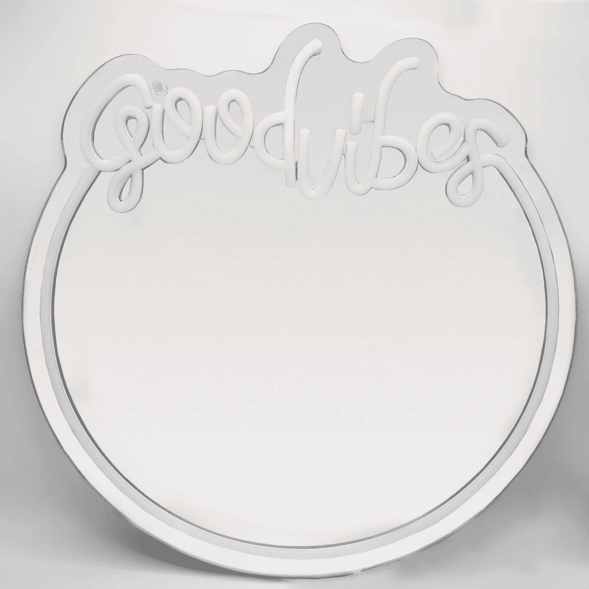 White 'Good Vibes' LED neon wall mirror with mounting hardware