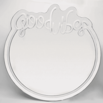 White 'Good Vibes' LED neon wall mirror with mounting hardware