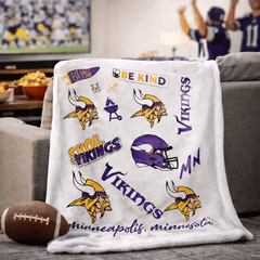 Minnesota Vikings Classic Fleece Throw Blanket featuring team logos, slogans, and helmet graphics on a white background. Ideal for home or game day comfort.