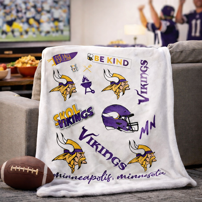 Minnesota Vikings Classic Fleece Throw Blanket featuring team logos, slogans, and helmet graphics on a white background. Ideal for home or game day comfort.