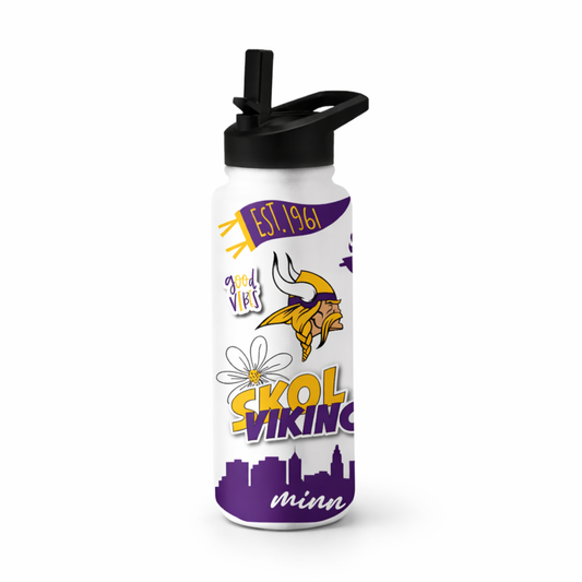 Water bottle with Minnesota Vikings logo branding on a white background
