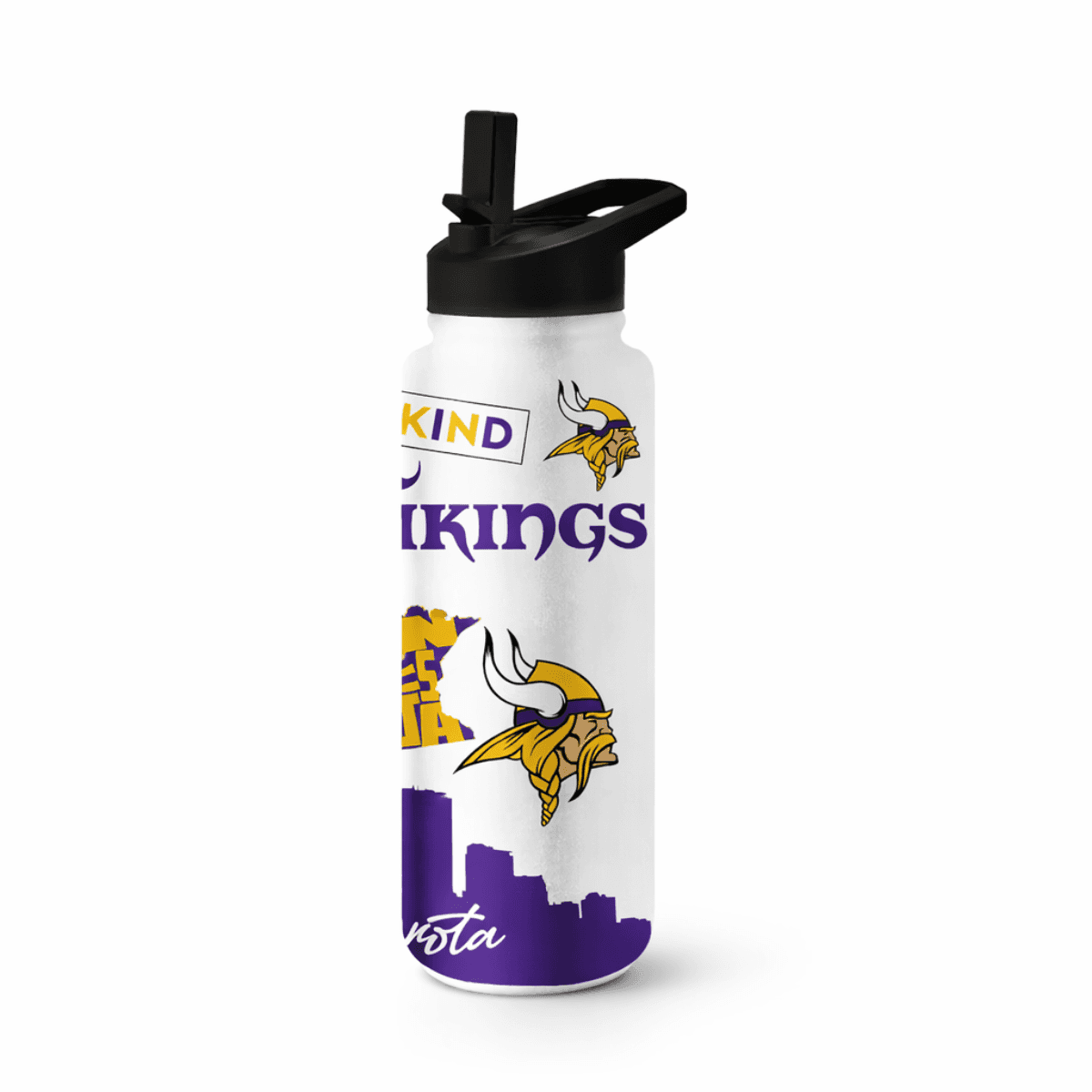 Water bottle with Minnesota Vikings logo branding on a white background