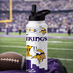 Minnesota Vikings water bottle with football and stadium in the background