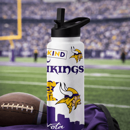 Minnesota Vikings water bottle with football and stadium in the background