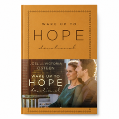 Leather-bound devotional book in tan FaithWords Wake Up to Hope by Joel Osteen with border and couple photo on cover