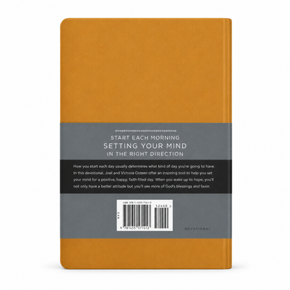 Wake Up to Hope devotional book by Joel Osteen leather bound in warm orange with gray FaithWords cover band and barcode