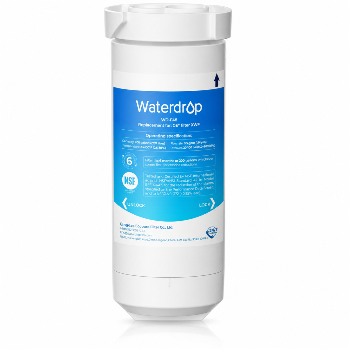 Waterdrop NSF-certified replacement filter cartridge for GE FFIR XVP, featuring a white cylindrical body with a prominent blue label.