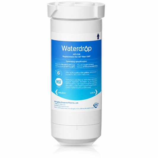 Waterdrop NSF-certified replacement filter cartridge for GE FFIR XVP, featuring a white cylindrical body with a prominent blue label.