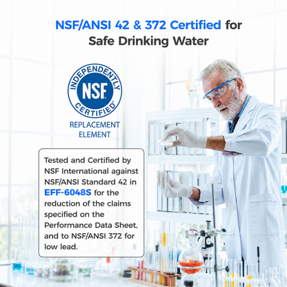 NSF/ANSI 42 & 372 Certified for Safe Drinking Water badge graphic over a laboratory scene with a scientist in a white lab coat handling test tubes. For Waterdrop Water Filter compatible with GE refrigerators.