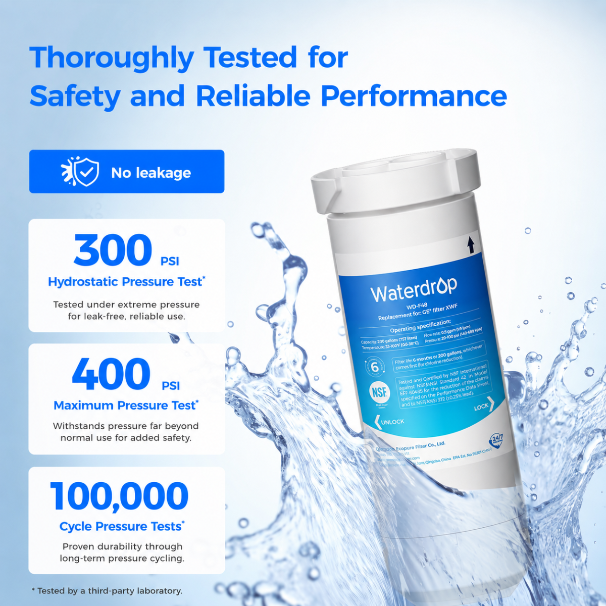 Waterdrop water filter cartridge for GE refrigerators shown on a light blue background with water splash graphics and text highlighting pressure tests, leak-free performance, and durability.