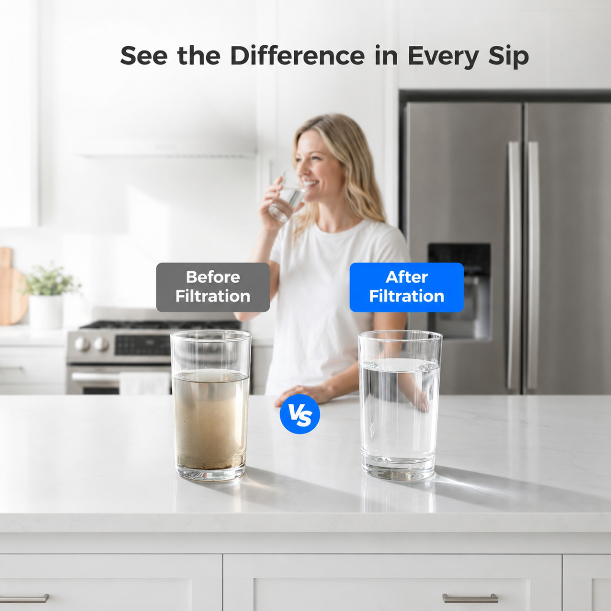 A woman in a white kitchen holds a glass while two glasses of water sit on the counter, one labeled 'Before Filtration' with cloudy water and one labeled 'After Filtration' using the Waterdrop water filter for GE refrigerators with clearer water. Text at the top reads 'See the Difference in Every Sip.