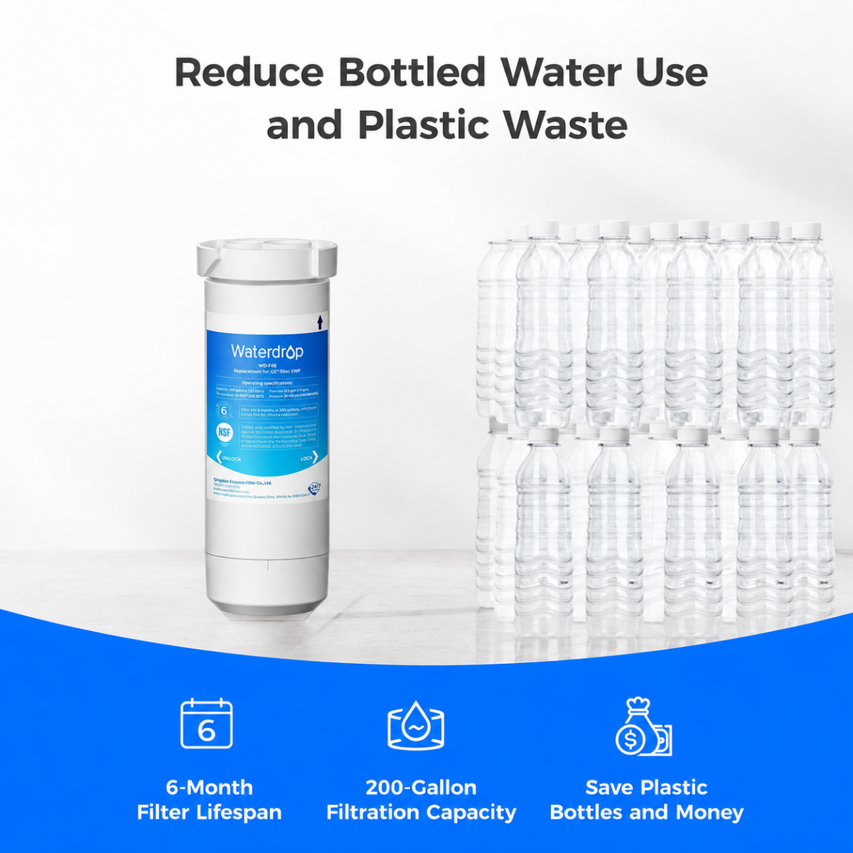 Waterdrop replacement water filter cartridge for GE refrigerators shown next to a large stack of reusable plastic water bottles on a white background, with promotional text at the top and feature icons at the bottom.