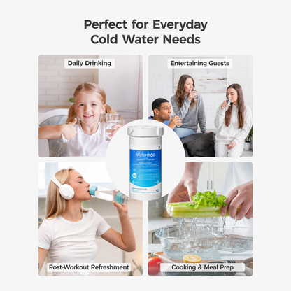 A collage for a Waterdrop water filter for GE refrigerators showcasing water drinking moments.